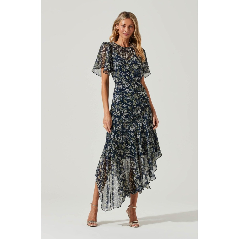 ASTR the Label Floral Midi Dress Cottagecore Navy Blue Size XS Asymmetrical Hem